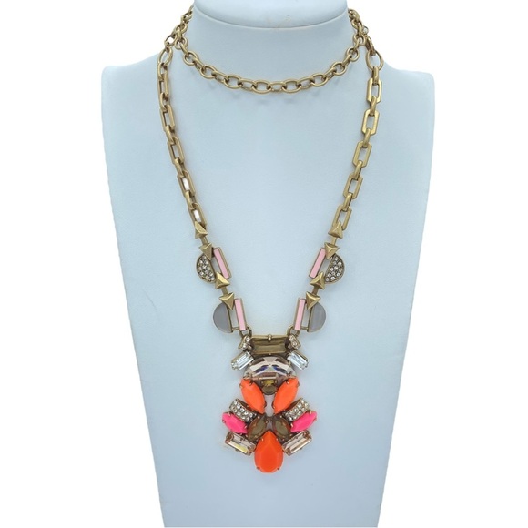 Signed STELLA & DOT Goldtone Orange Rhinestones 28" Necklace statement mat gold - Picture 1 of 9